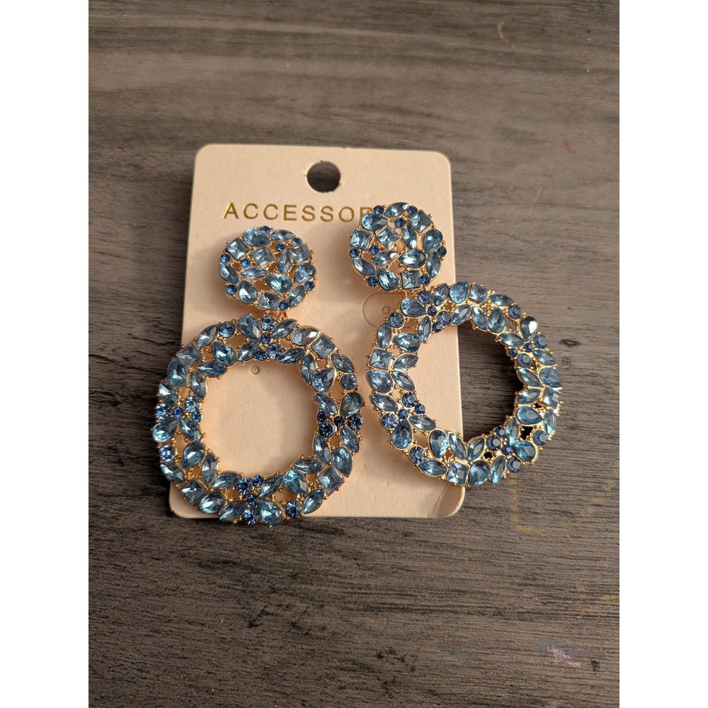 ACCESSORIES Light Blue Crystal Round Double Drop Earrings Gold Tone Sparkly